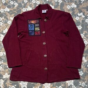 Women's Burgundy Jacket with Patchwork Detail Brie Kriebel Clothing Art to Wear